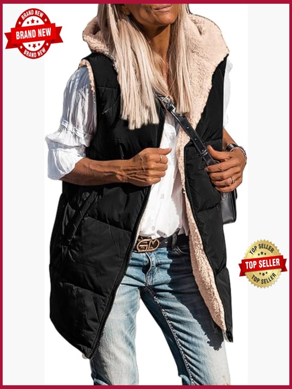 Reversible Fleece Vest Zip Up Hoodie Long Sleeveless Jacket Pockets Warm